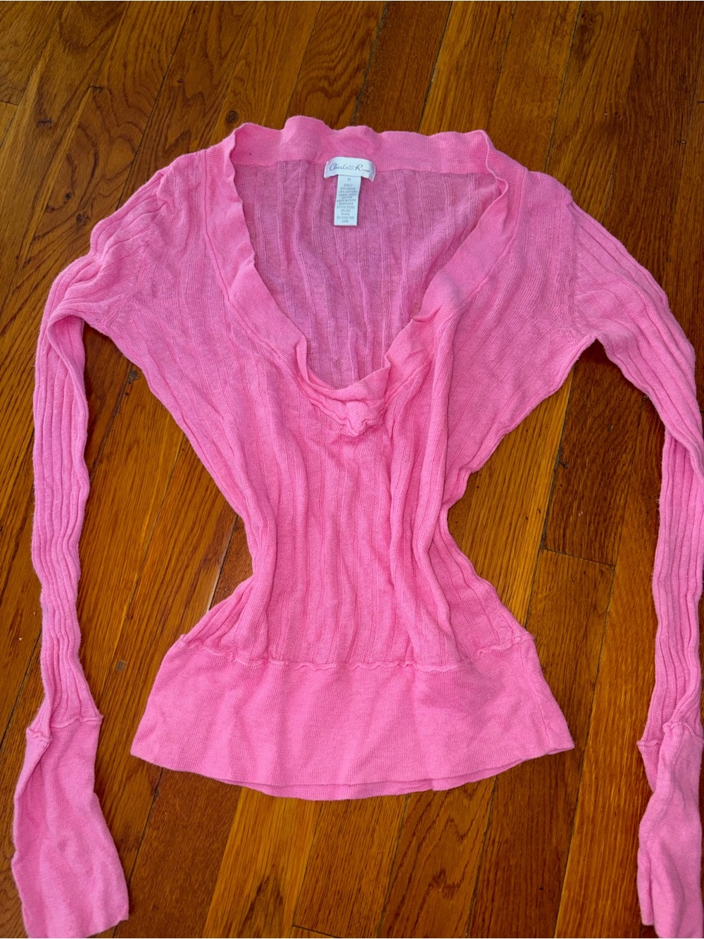 Y2K Pink Ribbed Scoop Neck Long Sleeve Top